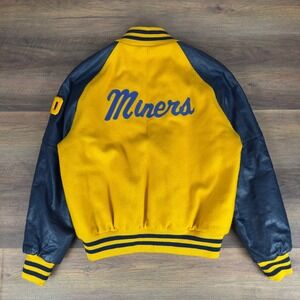 Vintage 80s Holloway Varsity Jacket Mens Large Yellow Navy Blue Leather Wool USA